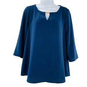 DANA BUCHMAN Navy Blue 3/4 Sleeve Gold Bar Keyhole Neckline Pullover Blouse M